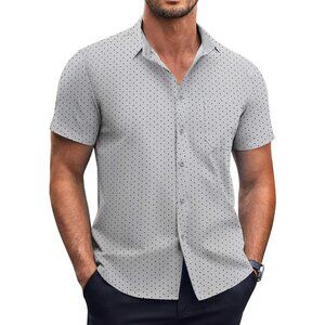 Grey Men Short Sleeve Button Down Wrinkle Free Polka Dot Print  Dress Shirt